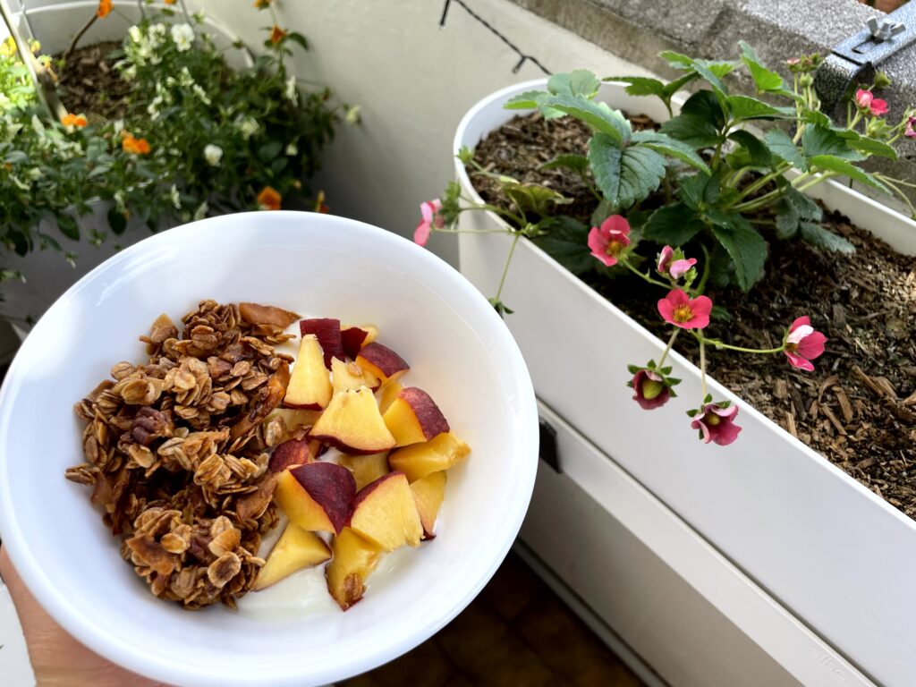 Homemade granola with vanilla yogurt and peaches next to a flowerpot