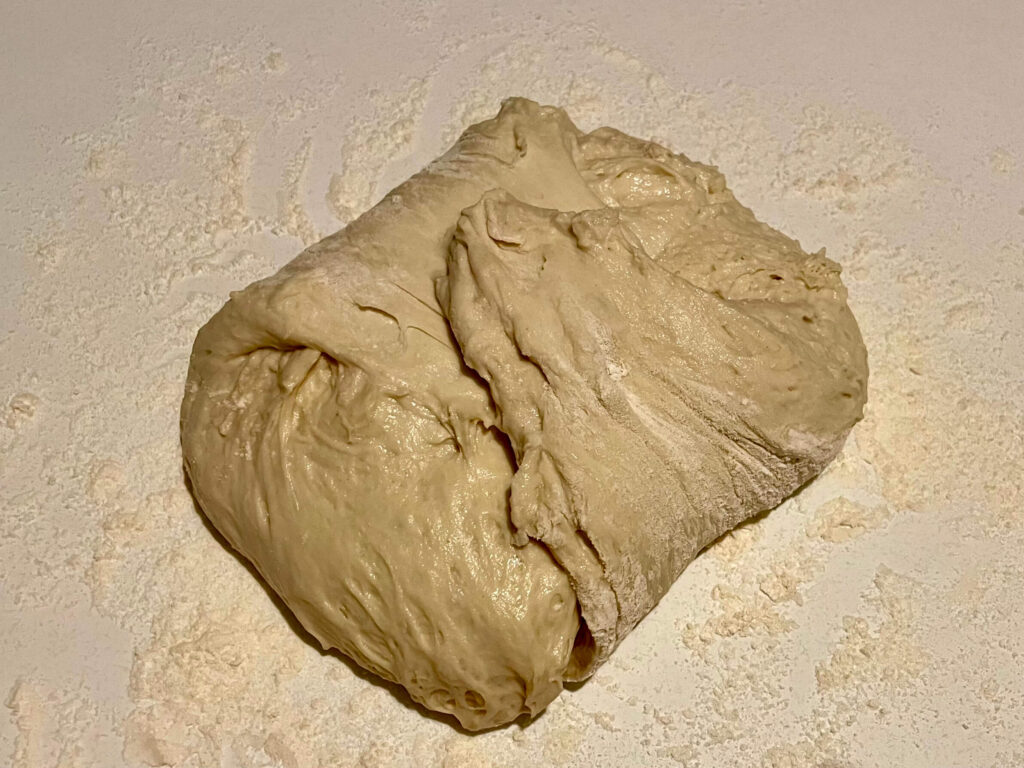 Bread dough turned out onto floured surface and folded twice