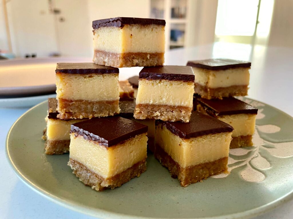 Chocolate caramel slice cut into squares
