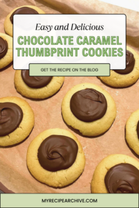Pinterest Pin: Chocolate Caramel Thumbprint Cookies