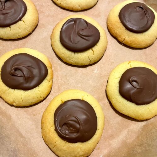 Chocolate caramel thumbprint cookies
