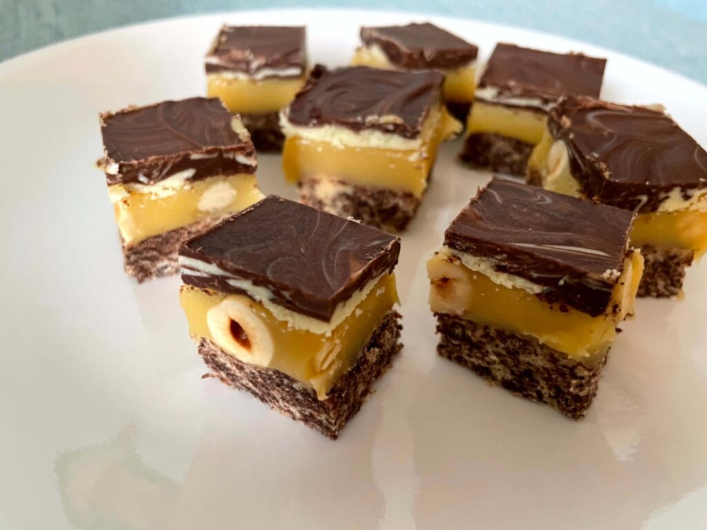 Marbled chocolate & hazelnut caramel slice cut into squares