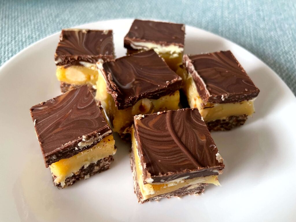 Marbled chocolate & hazelnut caramel slice cut into squares