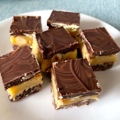 Marbled chocolate & hazelnut caramel slice cut into squares