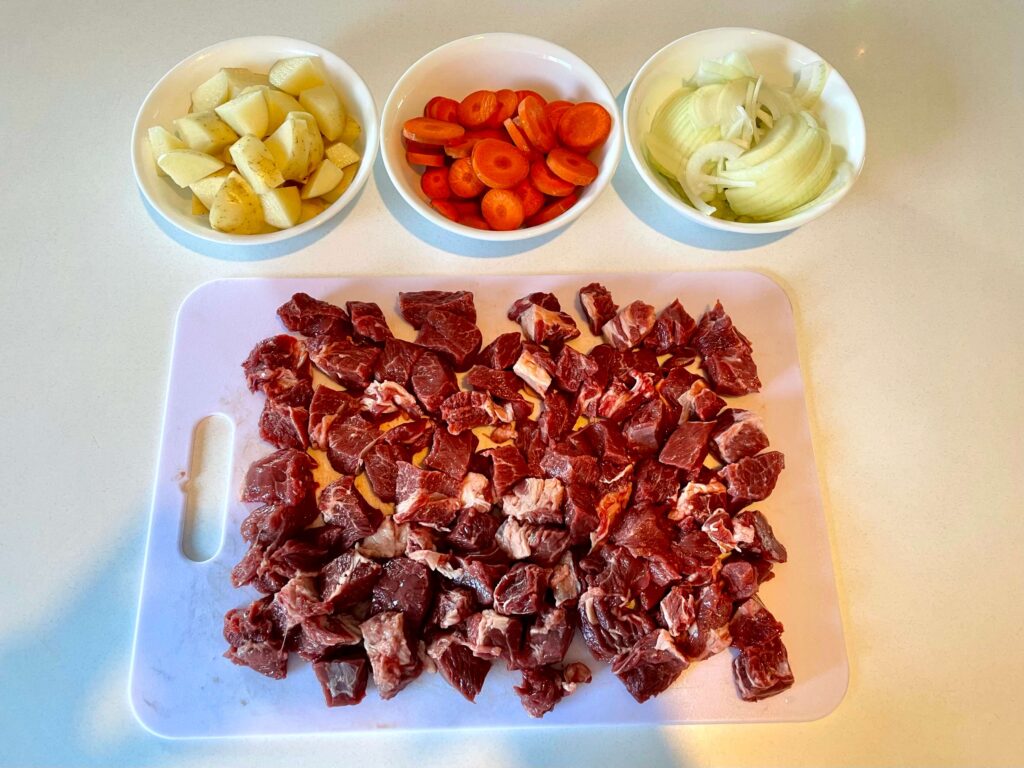 Sliced Vegetables and Cubed Chuck Steak