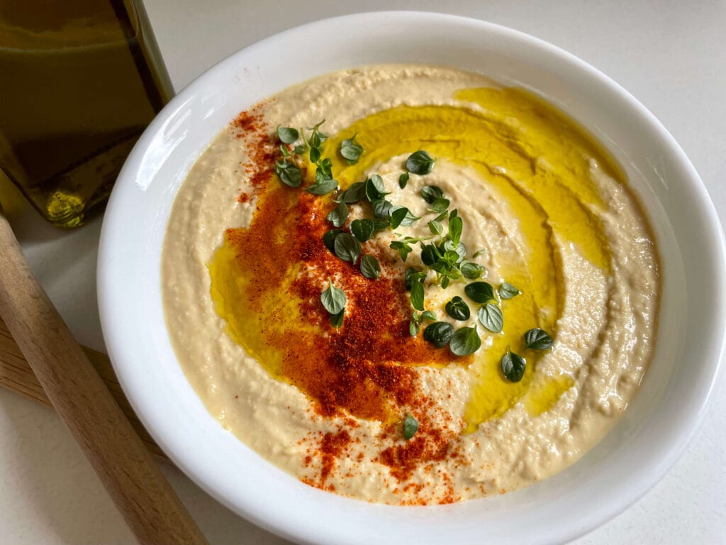 Homemade Hummus with Olive Oil, Paprika, and Italian Thyme